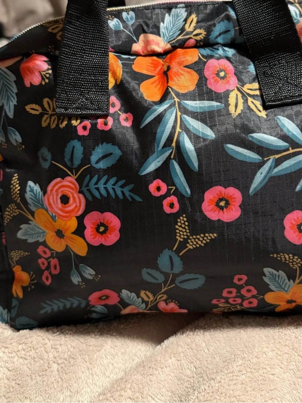 Floral Black Baby Bag with Pink and Orange Blooms